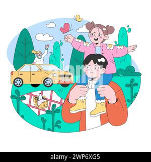 Roadtrip. Junge Leute oder Familie, die mit dem Auto in den Urlaub fahren. Charaktere, die im Auto fahren und gemeinsam die Welt bereisen. Illustration des flachen Vektors Stock Vektor