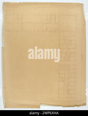 Warschau. Nationalmuseum. Exekutivplan (Nr. 48). Rechter Flügel (Teil I-II). Erdgeschoss. Horizontale Projektion mit Bemaßung und Korrekturen; Maßstab 1: 100; Tadeusz (1887-1951); 1927 (1927-00-00-1927-00); Nationalmuseum Warschau (1862-), Warschau (Woiwodschaft Masowien), Museen (Architekt), Architekturprojekte, architektonische Überwürfe Stockfoto