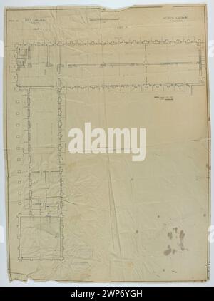 Architekturplan des linken Flügels des Nationalmuseums und des Polnischen Armeemuseums in Warschau (1928) mit horizontaler Projektion und Maßstab 1:100. Stockfoto
