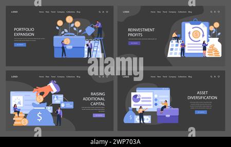 Kapitalgewinn im Dunkeln- oder Nachtmodus im Web oder Landeset. Darstellung der Portfolioerweiterung, der Reinvestitionsgewinne, der Kapitalbeschaffung und der Diversifizierung von Vermögenswerten. Illustration des flachen Vektors Stock Vektor