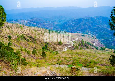 Wunderschöne grüne Berge und Täler von Lansdowne im Bezirk Garhwal, Uttarakhand. Lansdown Beautiful Hills. Die Schönheit der Natur auf dem Hügel Stockfoto