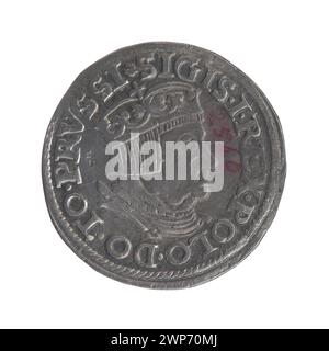 Trojak-Silbermünze aus dem Jahr 1537, ausgestellt unter König Zygmunt I. Stary, mit Stückelung, königlichem Porträt und Inschriften für den Umlauf in Polen Gdańsk. Stockfoto