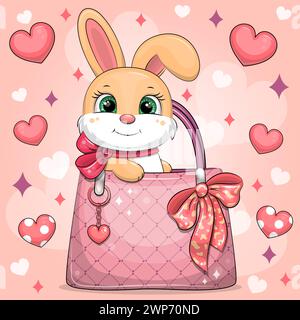 Niedlicher Karikaturhase sitzt in der Tasche einer Frau. Vektor-Illustration eines Tieres auf rosa Hintergrund mit Herzen. Stock Vektor