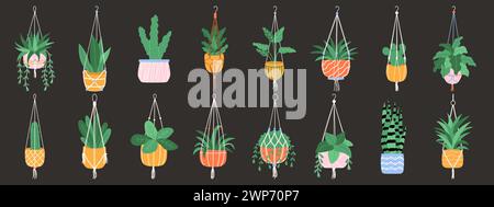 Set Makramee-Aufhänger. Pflanzen in stilvollen Pflanzgefäßen und Töpfen Stock Vektor