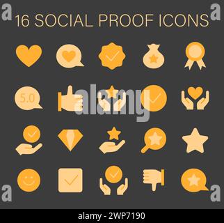 Social Proof Concept-Symbolsatz. Vertrauensbildende Symbole für Glaubwürdigkeit und Ruf. Symbole für Kundenzufriedenheit, Qualitätssicherung und positives Feedback. Illustration des flachen Vektors. Stock Vektor