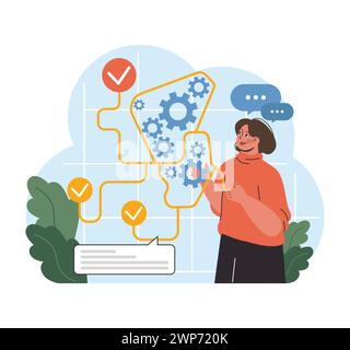 Problemlösungsdynamik. Frau integriert Zahnräder in Flussdiagramme und optimiert Prozesse. Divergierendes Denken, Effizienzsteigerung. Illustration des flachen Vektors. Stock Vektor