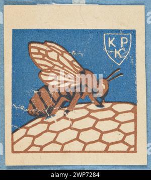 Dieser Falldruck aus den Jahren 1913–1921 zeigt eine Biene auf Honigscheiben mit Schilden mit der Aufschrift „KPK“ im Zusammenhang mit der Kampagne „End of Working Women“ in Polen. Stockfoto