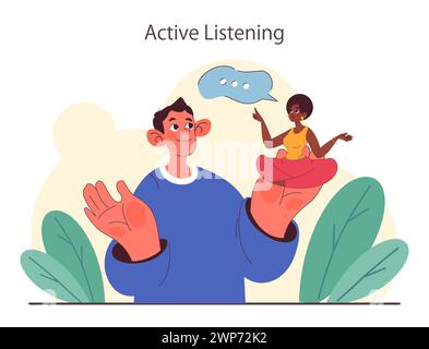 Aktives Zuhören. Aufmerksamer Geschäftscharakter oder Entwicklung von Soft Skills für Mitarbeiter. Konversation, Verhandlung, emotionale Intelligenz und Teamarbeit. Illustration des flachen Vektors Stock Vektor