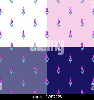Satz von Vektoroberflächen-Design mit einfachen rosa Blumen in einer Reihe auf einem lila, weißen, grauen und rosa Hintergrund. Kollektion aus nahtlosem geometrischem Blumenmuster Stock Vektor