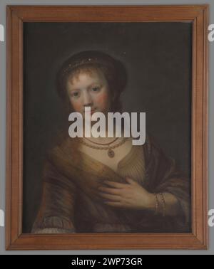 Porträt von Saskia van Uylenburgh (1612–1642) von Rembrandt van Rijn, nach 1641 geschaffen, die ihre Gesichtszüge in einem niederländischen Malstil des 17. Jahrhunderts darstellt. Stockfoto