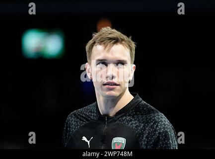 Max Riech Halle, Berlin, Deutschland. März 2024. Lasse Bredekjaer Andersson (Fuchse Berlin) kontrolliert den Ball während eines Handball EHF European League Spiels, Fuchse Berlin gegen CSM Constanta, in Max Selling Halle, Berlin. Ulrik Pedersen/CSM/Alamy Live News Stockfoto