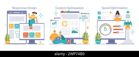 Website-Optimierung festgelegt. Benutzerfreundliche Weboberflächen anpassen, um die Relevanz von Inhalten zu erhöhen. Rasante Ladezeiten für Webseiten. Illustration des flachen Vektors. Stock Vektor