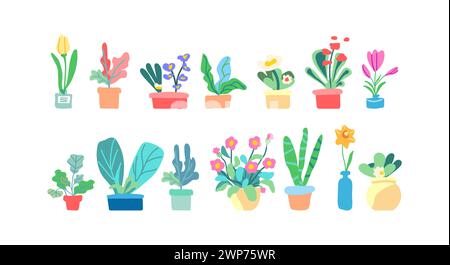 Sammeln Sie Frühlingsblumen und Blätter im Topf. Blühende Pflanzen. Blühende Blumen und Laub. Flache grafische Vektorillustration auf weißem Hintergrund. Bunte handgezeichnete Illustration Stock Vektor