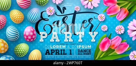 Osterparty Flyer Illustration mit bunten gemalten Eiern und Tulpenblüten auf Natur-blauem Hintergrund. Vektor Frühling Religiöse Feiertagsfeier Stock Vektor