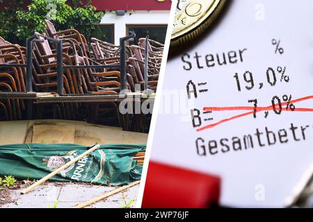 FOTOMONTAGE, Gastro-Krise: Gestrichene Umsatzsteuer von 7 Prozent auf einem Kassenbon und gestapelte Stühle vor einem geschlossenen Restaurant Stockfoto