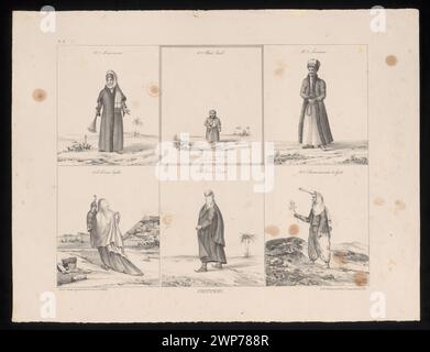 Diese Lithografie von Pierre Toussaint Frédéric, Rifaud und Charlet von 1829 bis 1830 zeigt Damenkostüme und Rubi Szeik, die Modestile des frühen 19. Jahrhunderts in Frankreich darstellen. Stockfoto