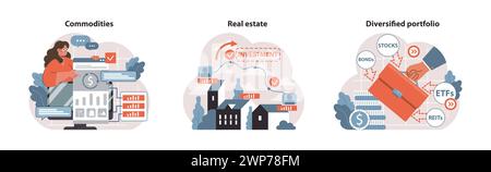 Anlagestrategien festgelegt. Frau analysiert Rohstoffe, Wachstum von Immobilien und verwaltet ein diversifiziertes Portfolio. Rohstoffhandel, Immobilienwachstum und diversifizierte Vermögenswerte. Flacher Vektor Stock Vektor