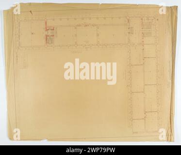 Ein Exekutivplan für den linken Flügel (Teil VI-VII) des Nationalmuseums in Warschau, einschließlich des Armeemuseums Erdgeschoss, erstellt von Tadeusz zwischen 1927 und 1931, mit horizontalen Projektionen, Bemaßungen und Korrekturen im Maßstab 1:100. Stockfoto