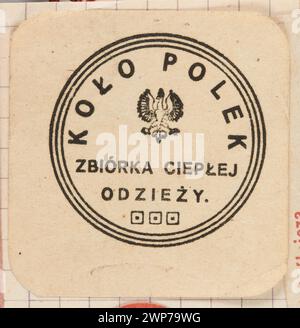 Case Print von 1913 bis 1921 mit polnischen Emblemen und Frauen, die warme Kleidung sammeln, die von den Books of Wok für gemeinnützige Zwecke produziert wurde. Stockfoto