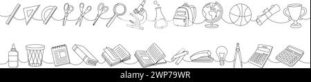 Schulzubehör setzt eine Linie fortlaufende Zeichnung. Notizbuch, Mikroskop, Reagenzglas, Bleistift, Schultasche, Kugel, Schere, Linealskala, Taschenrechner Stock Vektor