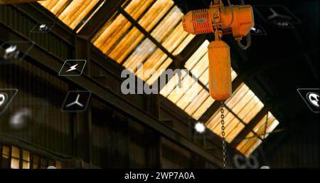Bild der digitalen Symbole über dem Werk Stockfoto
