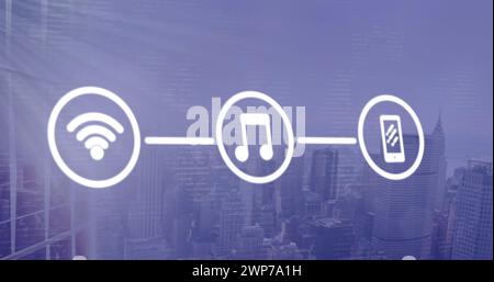 Bild von digitalen Symbolen über dem Hintergrund der Stadtlandschaft Stockfoto