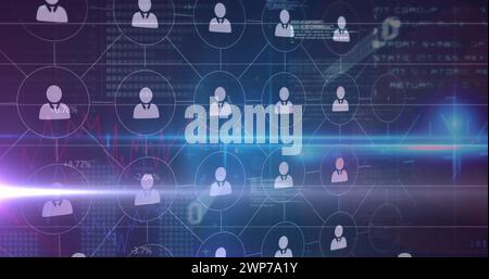 Bild des Netzwerks von Verbindungen mit Personen-Symbolen und Datenverarbeitung auf blauem Hintergrund Stockfoto