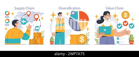 Vertikales Integrationsset. Optimierung und Kontrolle der Lieferkette des Unternehmens. Geschäftsstrategie von der Fertigung bis zum Vertrieb. Optimierte Produktionsabläufe, Effektivität und Qualität. Illustration des flachen Vektors Stock Vektor