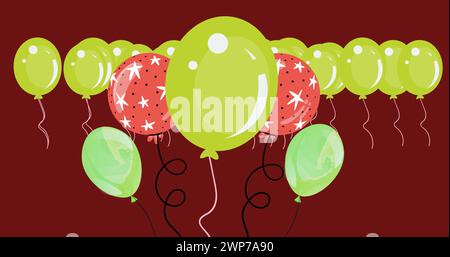 Bild mehrerer farbenfroher Ballons auf rotem Hintergrund Stockfoto