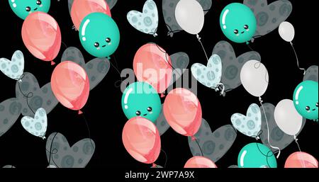 Bild mehrerer blauer und rosafarbener Ballons auf schwarzem Hintergrund Stockfoto