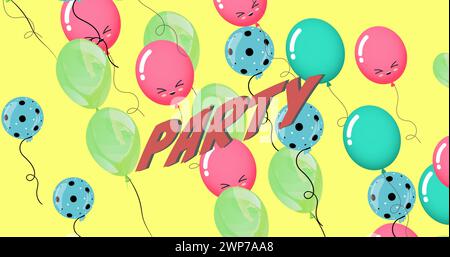 Bild: Partytext über bunten Ballons auf gelbem Hintergrund Stockfoto