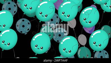 Bild mehrerer blauer und lila Ballons auf schwarzem Hintergrund Stockfoto