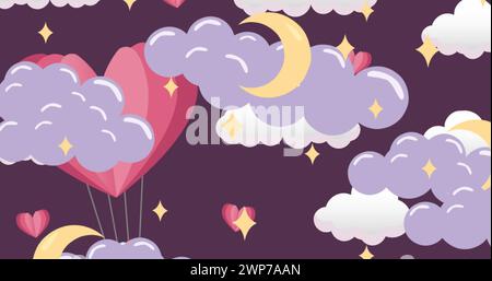 Bild von Wolken und Sternen mit Monden über Herzen auf violettem Hintergrund Stockfoto