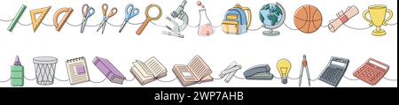 Schulzubehör setzt eine Linie farbige durchgehende Zeichnung. Notizbuch, Mikroskop, Reagenzglas, Bleistift, Schultasche, Kugel, Schere, Linealskala, Taschenrechner Stock Vektor