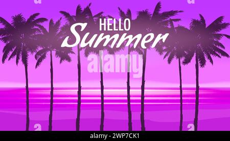 Hallo Sommer Nacht Party Küste rosa Landschaft Hintergrund mit Palmen, Design Vorlage, Flyer. Sommer-Banner Stock Vektor