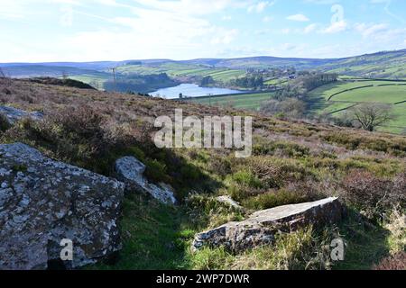 Senken Sie den Laithe-Behälter ab. Haworth Moor, im Frühling, Bronte Country, West Yorkshire Stockfoto