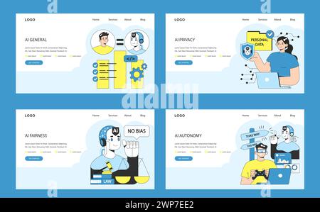 AI Ethik Web oder Landing Set. Ausrichtung und Regulierung künstlicher Intelligenz. Rechenschaftspflicht, Singularität und Autonomie, Vorurteile, Transparenz, Sicherheit und Privatsphäre. Illustration des flachen Vektors. Stock Vektor