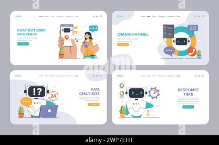 Chat Bot Universe Web oder Landing Set. Tauchen Sie ein in KI-gestützte Unterstützung: NLP-Engines und Personalisierung. Nutzen Sie Omni-Channel-Integration und sichere Chats. Illustration des flachen Vektors Stock Vektor