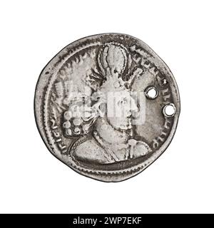 Diese Drachmen-Münze, die während der Herrschaft von Schapur II. Von 309 bis 379 n. Chr. ausgegeben wurde, repräsentiert sassanische Währung und alte persische Münzen. Stockfoto