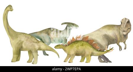 Horizontales Banner oder Rahmen mit Dinosauriern. Aquarellabbildung. Nahtloses Muster. Für die Gestaltung von Kinderzimmerdekor, Tapeten, Einladungen Stockfoto
