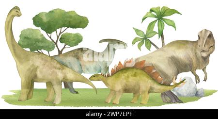 Horizontales Banner oder Rahmen mit Dinosauriern, Bäumen, Gras. Aquarellabbildung. Nahtloses Muster. Für die Gestaltung der Einrichtung im Kinderzimmer, Tapeten Stockfoto