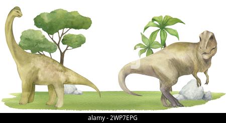 Horizontales Banner oder Rahmen mit Dinosauriern, Bäumen, Gras. Aquarellabbildung. Nahtloses Muster. Für die Gestaltung der Einrichtung im Kinderzimmer, Tapeten Stockfoto