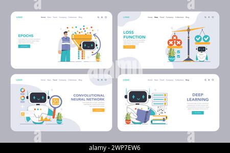 Neuronales Netzwerk, Web oder Landing Set. Schlüsselkonzepte für maschinelles Lernen. Konvolutionelle, wiederkehrende Netzwerke, tiefgreifende Erkenntnisse. Verlustfunktion, Vorspannung, Epochen. Illustration des flachen Vektors Stock Vektor