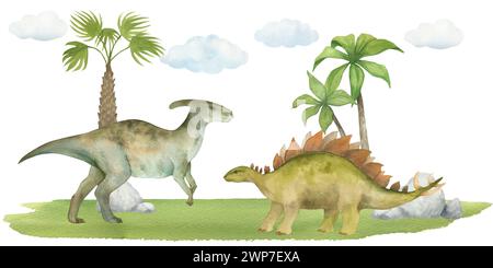 Horizontales Banner oder Rahmen mit Dinosauriern, Bäumen, Gras, Wolken. Aquarellabbildung. Nahtloses Muster. Für die Gestaltung der Kinderzimmereinrichtung Stockfoto
