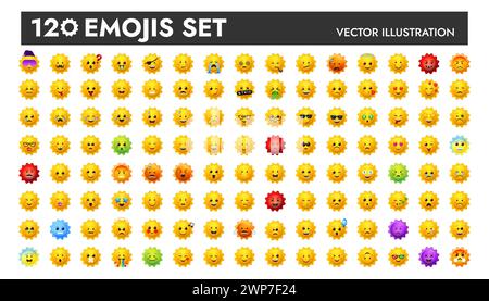 Große gelbe Sonne Emoji Set Vektor Illustration Design. Face Emoticons Pack für Web- und mobile Anwendungen. Gesichtsschilder für Boten und Apps. Stock Vektor