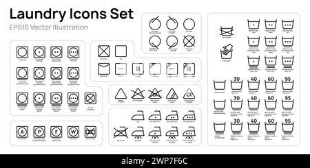 Umrisse Wäschesymbole setzen Vektor-Illustration Design. Sammlung von Waschsymbolen, Bleichen, Bügeln, Trocknen. Stock Vektor