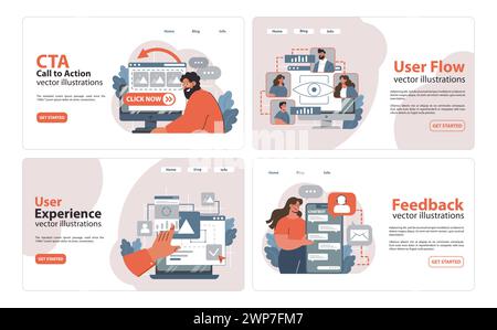 Web Design Set. Interaktion von Online-Benutzern mit CTA-Schaltflächen, Visualisierung des Benutzerflusses in Projekten, Verbesserung der Website-Erfahrung und Sammlung von Benutzerfeedback. Interaktionen, Conversions und Erkenntnisse Stock Vektor
