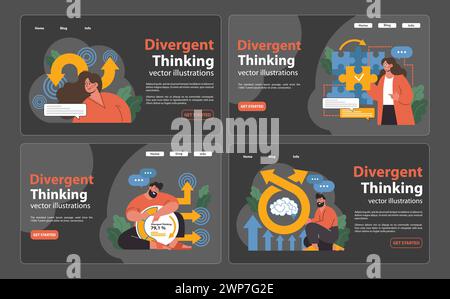 Divergierende Denkweise. Kreativität entfaltet sich bei der Arbeit mit dem Verstand. Pfeile unterscheiden sich von Gedanken und zeigen unterschiedliche Ideen. Einzigartige Lösungen entstehen aus unterschiedlichem Denken. Denken Sie sofort nach Stock Vektor