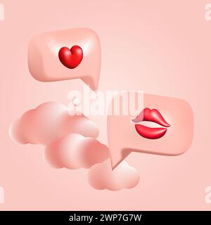 3D rosa Bubble Reden mit Herz, Lippen und Wolken Vektor-Illustration Design. Valentinstag Liebe und Kuss Botschaft. Stock Vektor