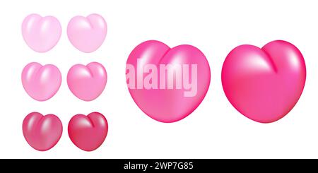 3D Heart Set Vektor Illustration Design. Kollektion „Shades of Pink“ am Valentinstag, romantische Ikonen. Stock Vektor